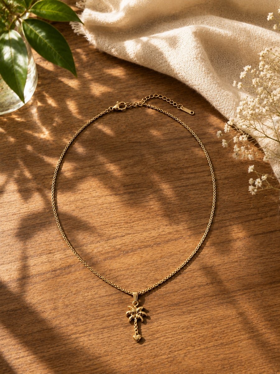Palm Tree Pendant Necklace, Anti-Tarnish Gold - view 4
