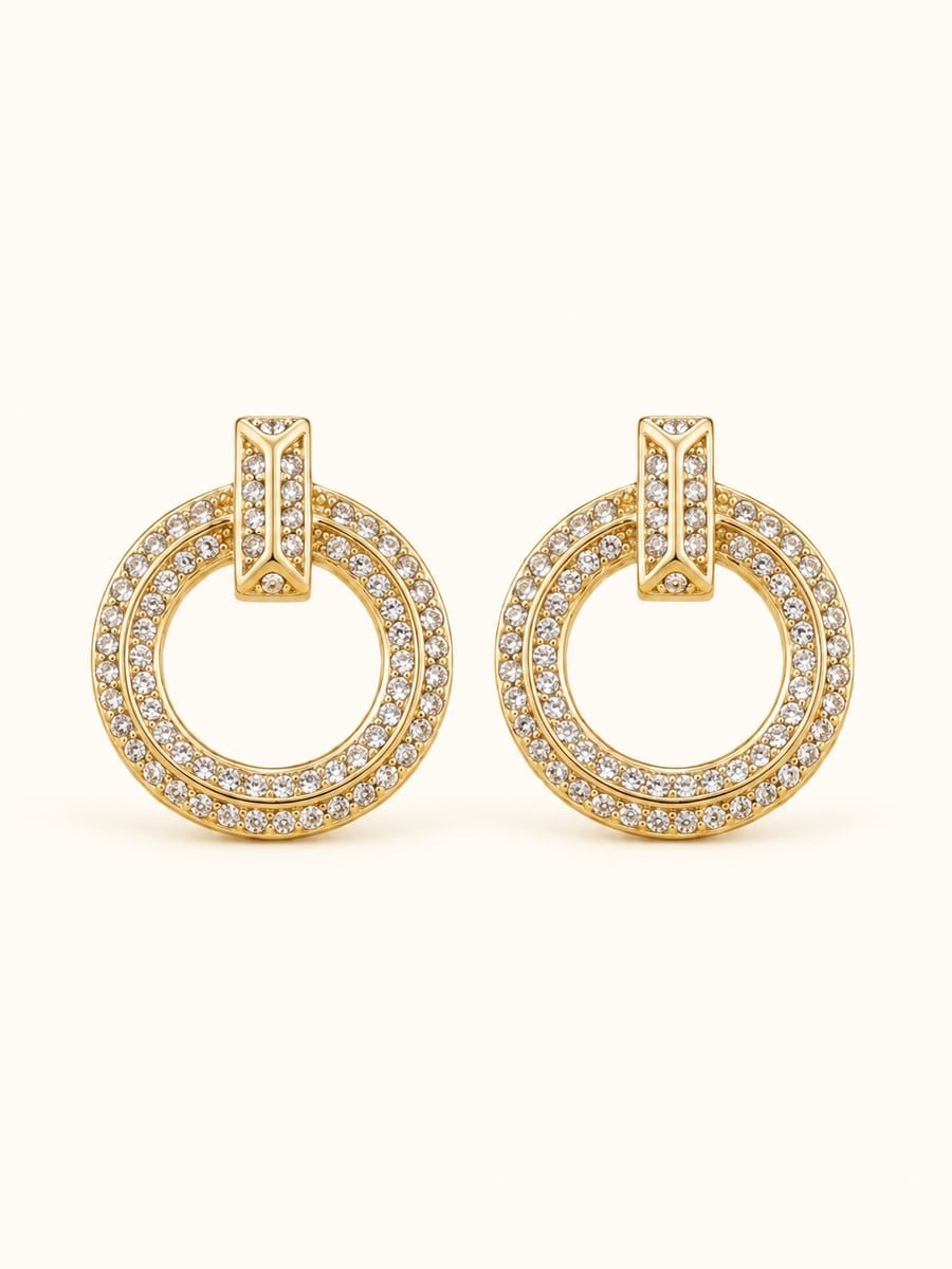 Pavé CZ Circle Drop Earrings, Anti-Tarnish Gold