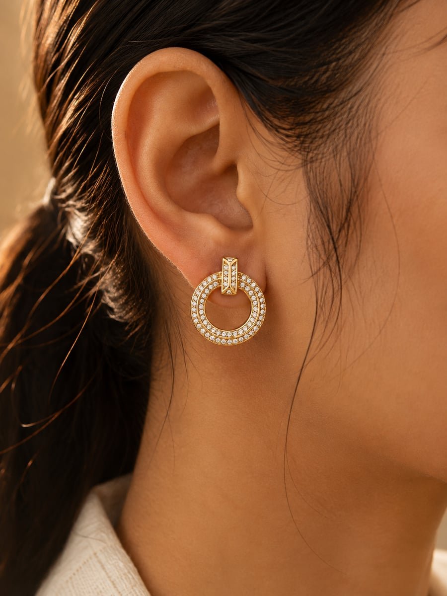 Pavé CZ Circle Drop Earrings, Anti-Tarnish Gold - view 2