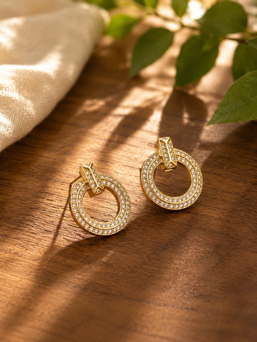 Pavé CZ Circle Drop Earrings, Anti-Tarnish Gold - view 4