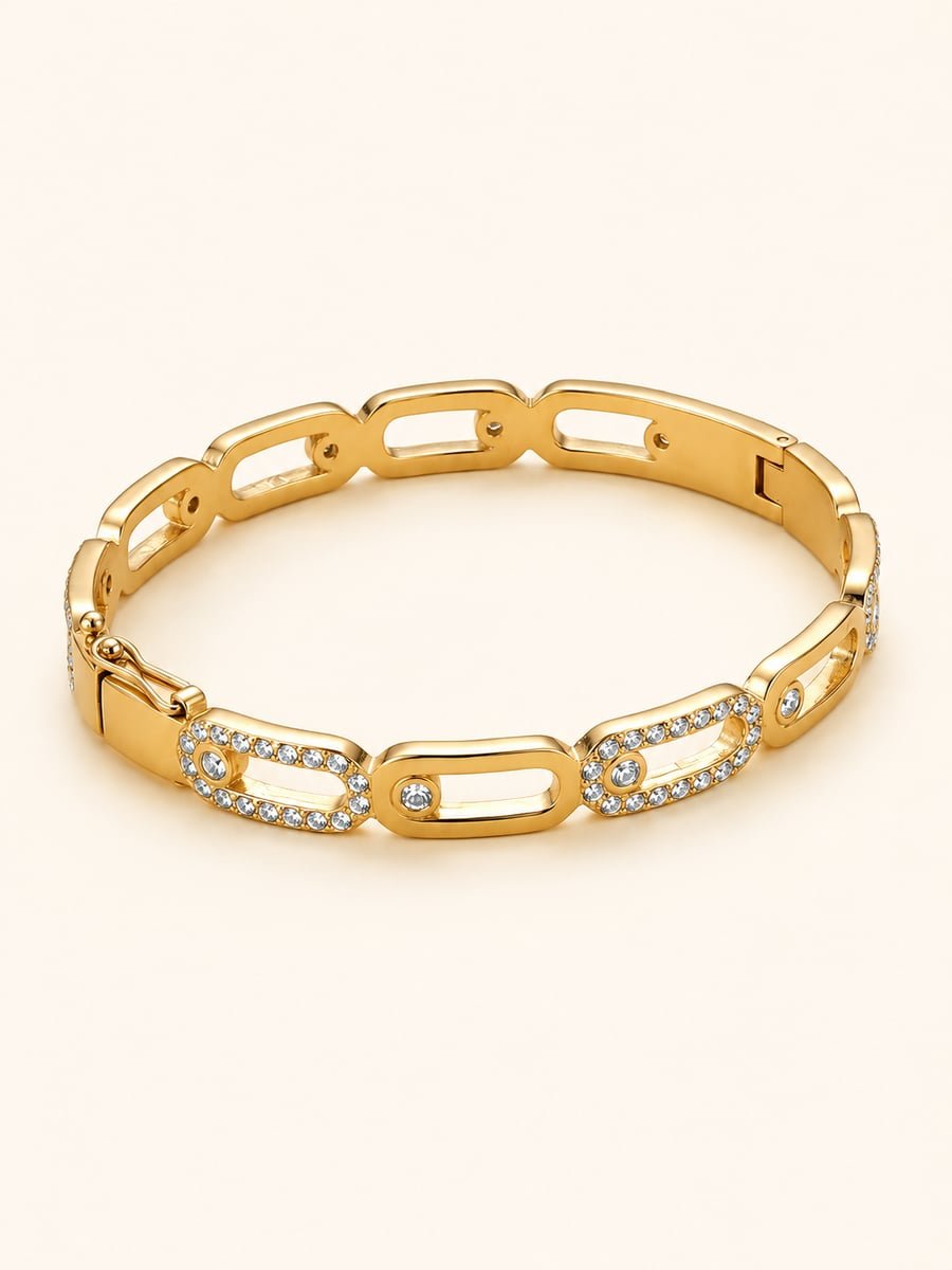 Pavé CZ Oval Link Bangle, Anti-Tarnish Gold