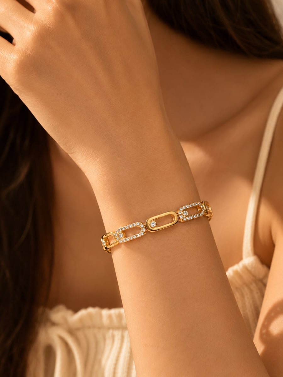 Pavé CZ Oval Link Bangle, Anti-Tarnish Gold - view 2