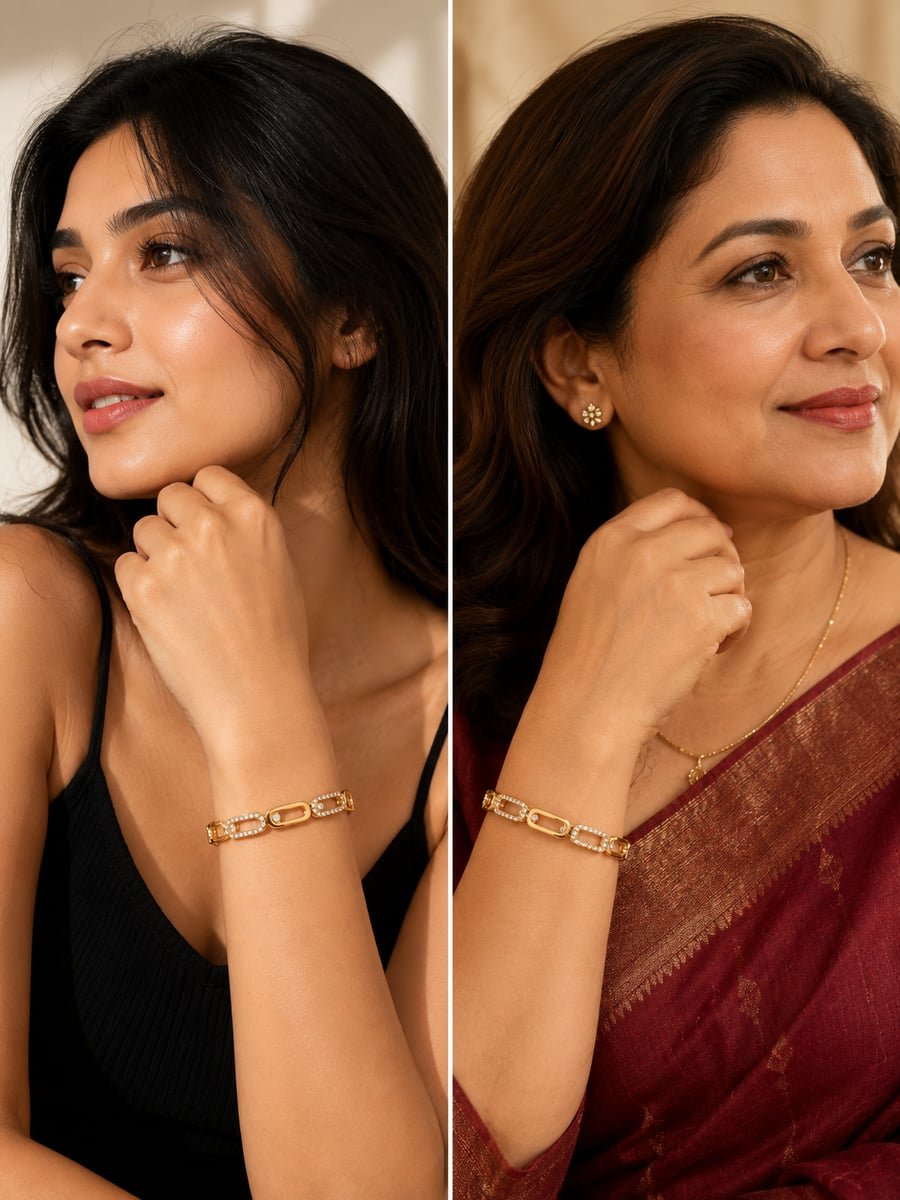 Pavé CZ Oval Link Bangle, Anti-Tarnish Gold - view 3