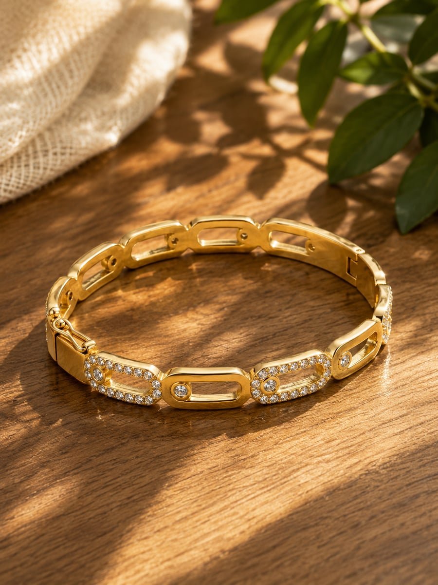 Pavé CZ Oval Link Bangle, Anti-Tarnish Gold - view 4