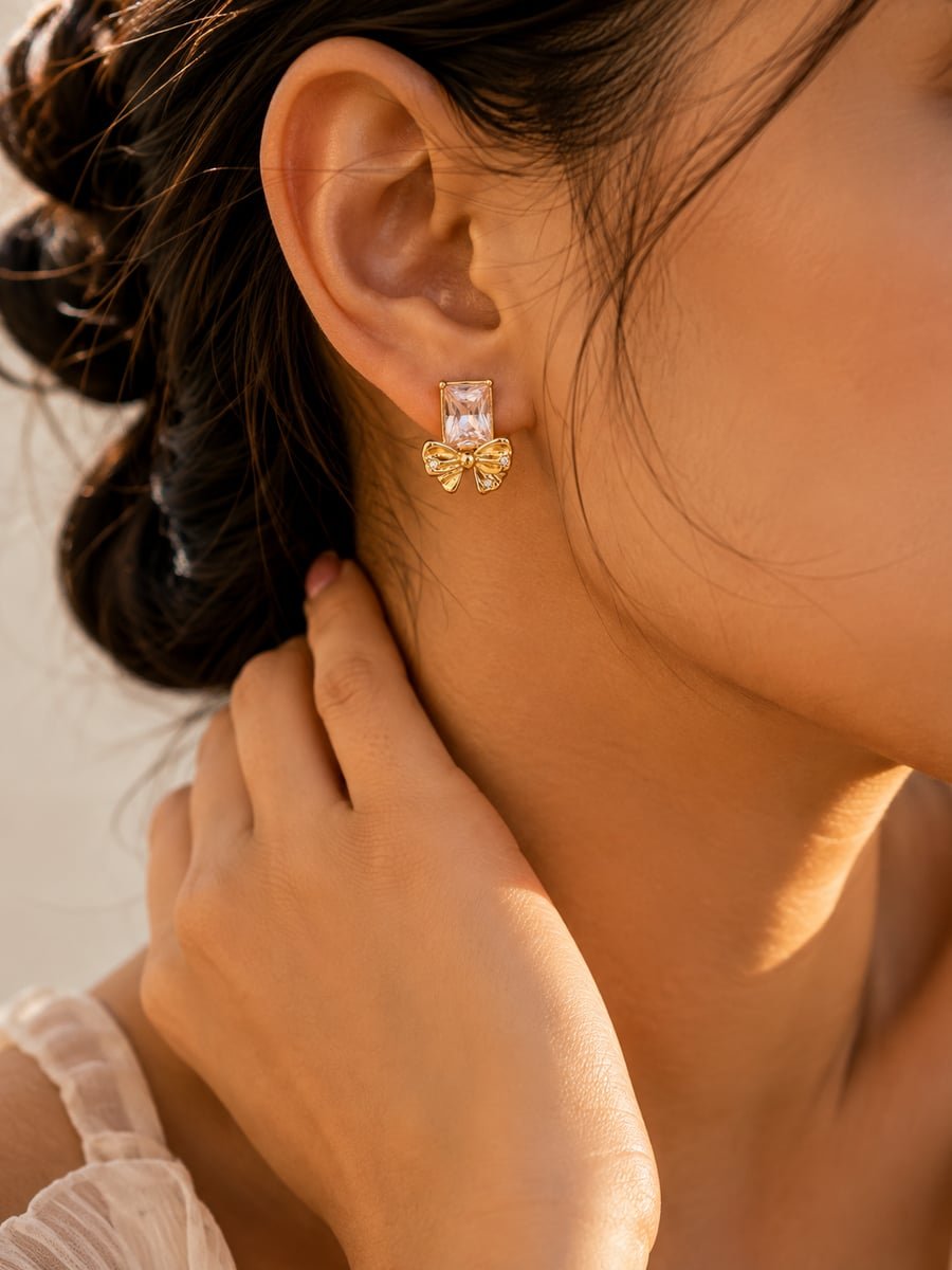 Pink Stone Bow Stud Earrings – Demi-Fine Gold - view 2