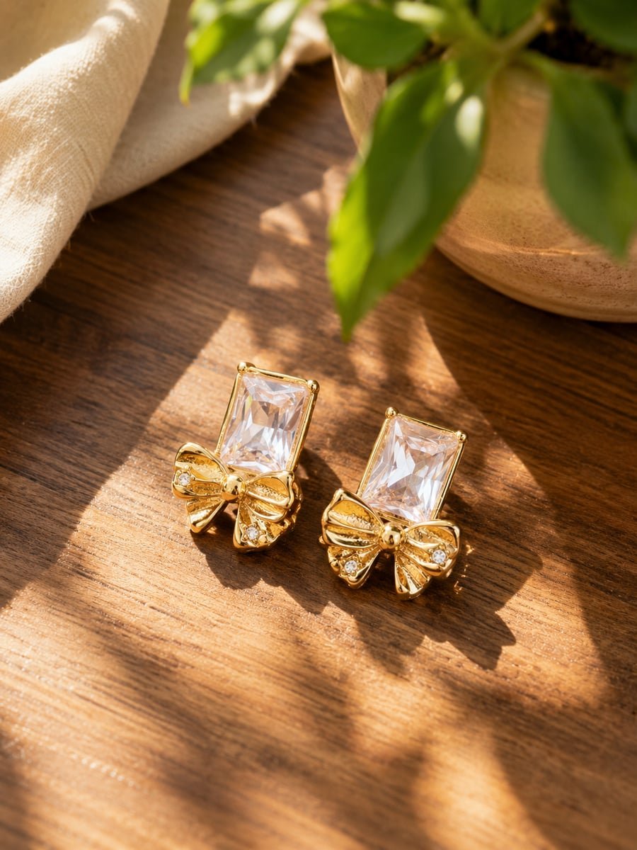 Pink Stone Bow Stud Earrings – Demi-Fine Gold - view 4