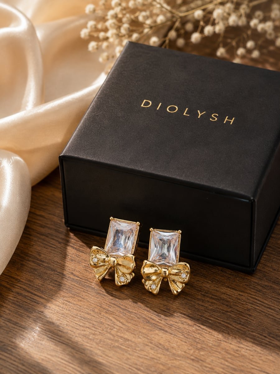 Pink Stone Bow Stud Earrings – Demi-Fine Gold - view 5