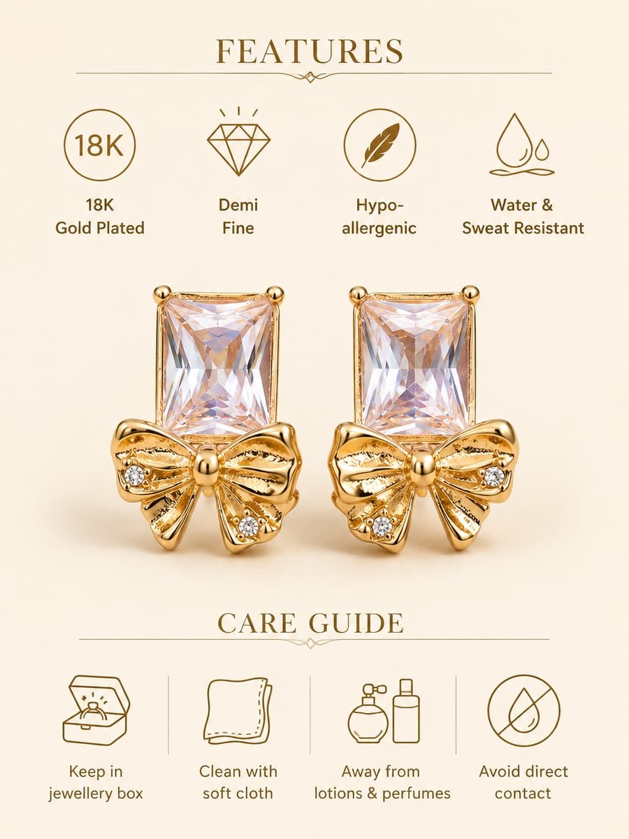 Pink Stone Bow Stud Earrings – Demi-Fine Gold - view 6
