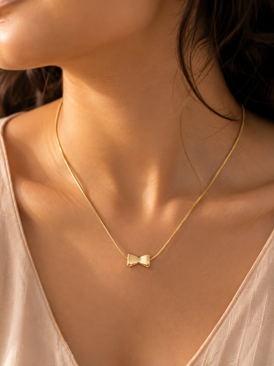 Polished Bow Pendant Necklace – 18K Gold Plated - view 2