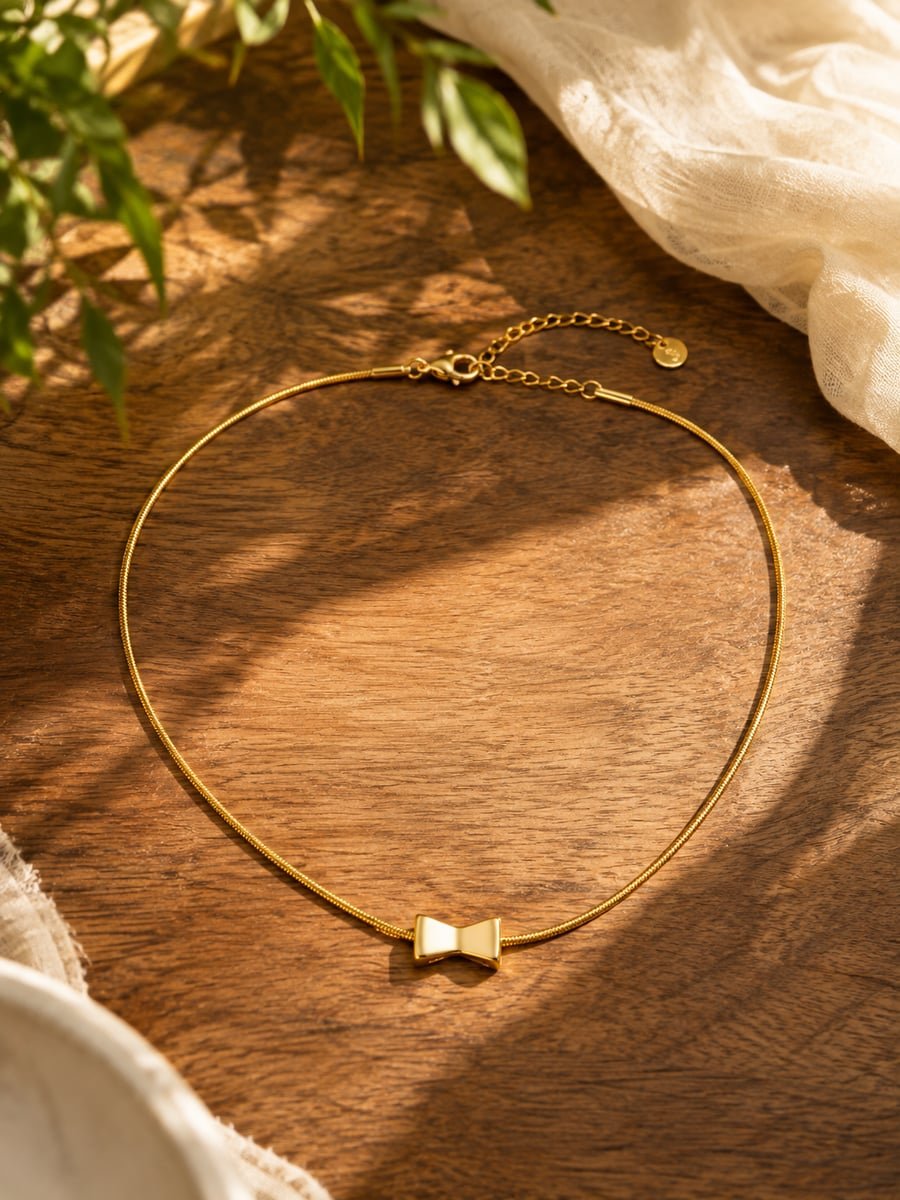 Polished Bow Pendant Necklace – 18K Gold Plated - view 4