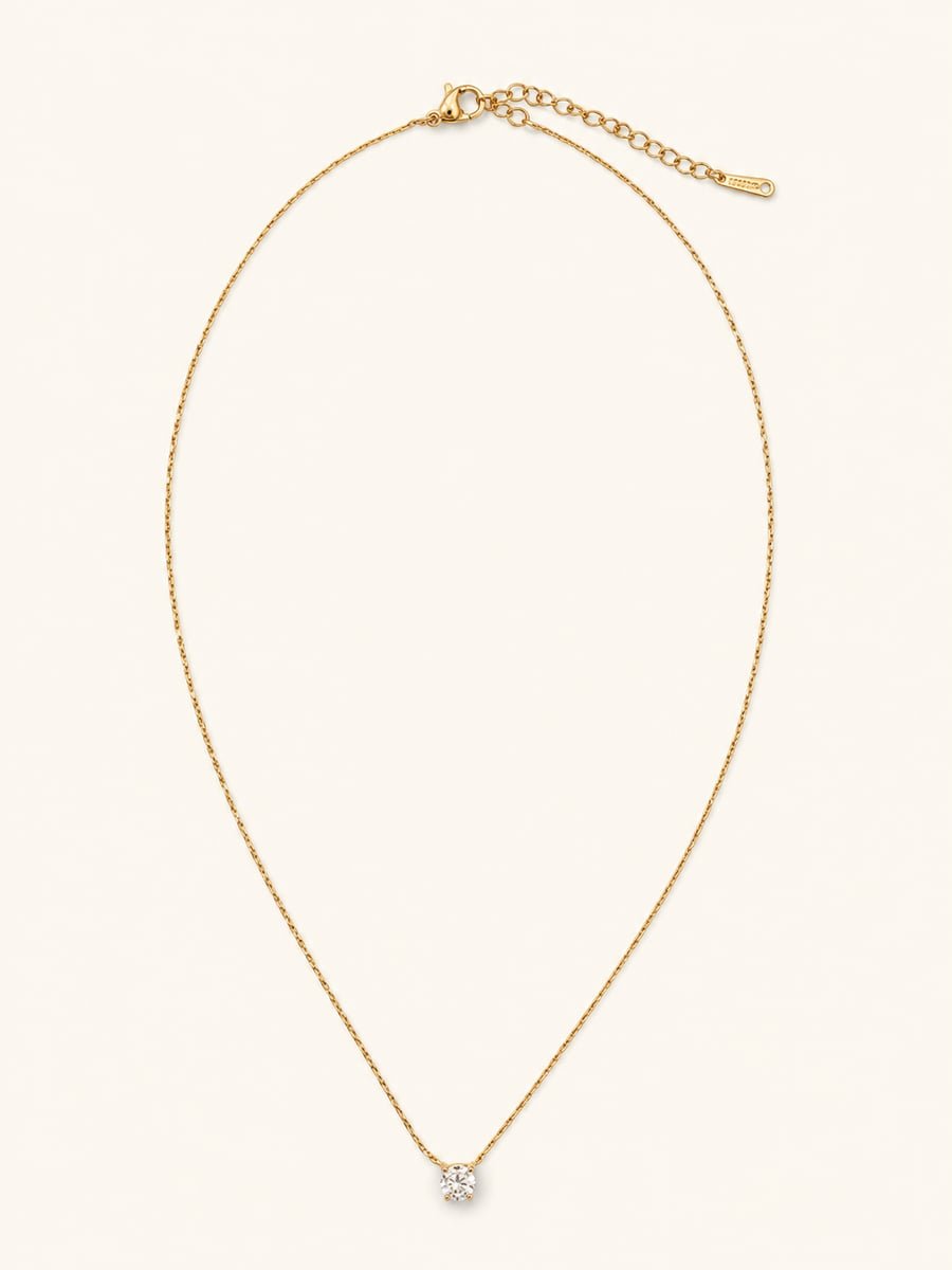 Prong Set Round CZ Solitaire Necklace, Anti-Tarnish Gold
