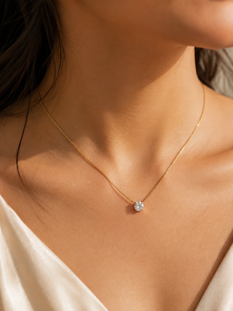 Prong Set Round CZ Solitaire Necklace, Anti-Tarnish Gold - view 2