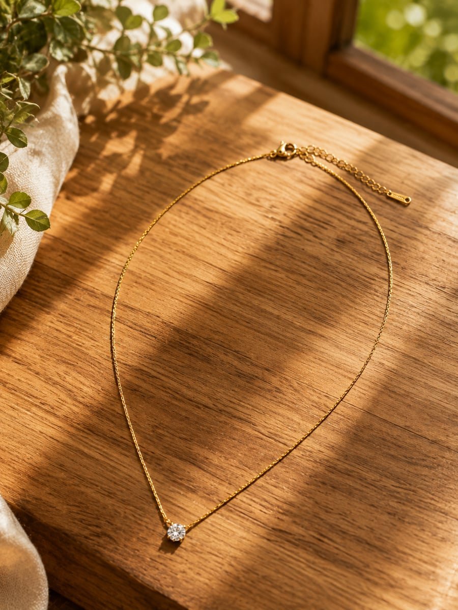 Prong Set Round CZ Solitaire Necklace, Anti-Tarnish Gold - view 4
