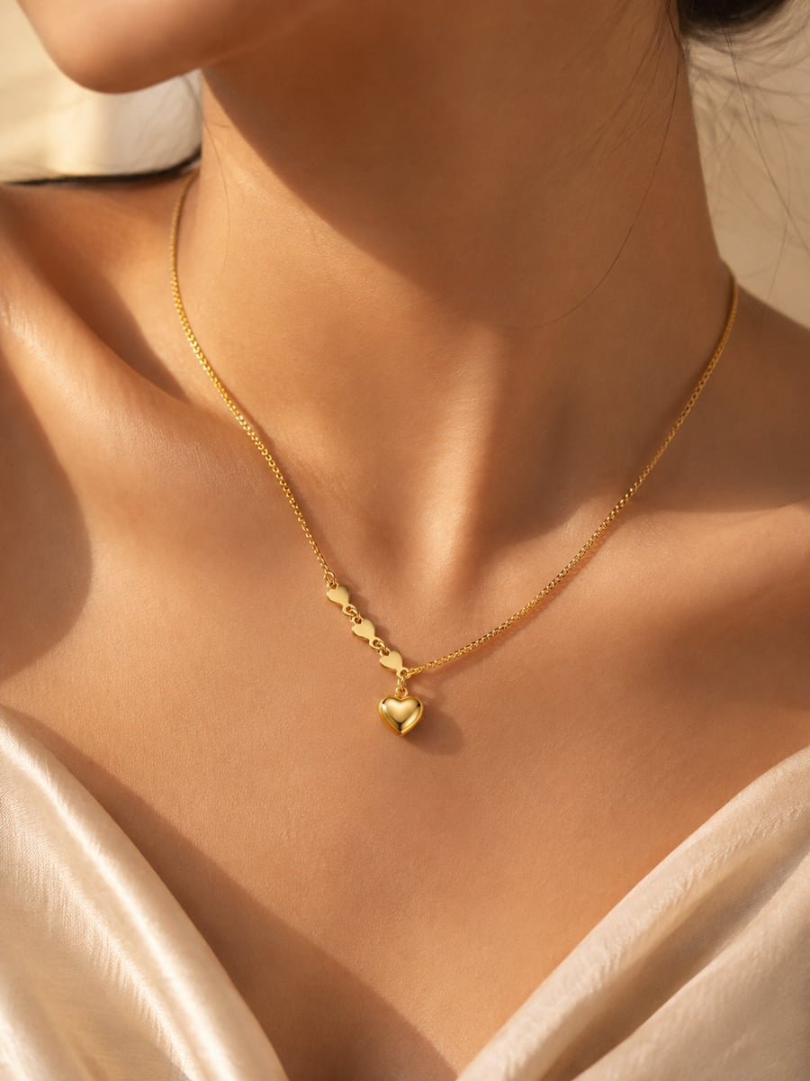 Puffed Heart Charm Pendant Necklace – 18K Gold Plated - view 2