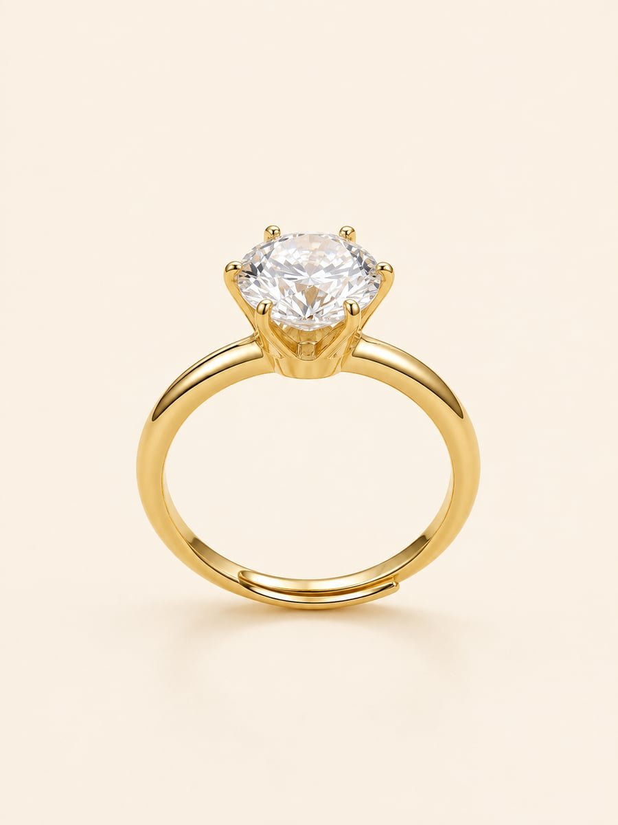 Round CZ Solitaire Adjustable Ring, Anti-Tarnish Gold