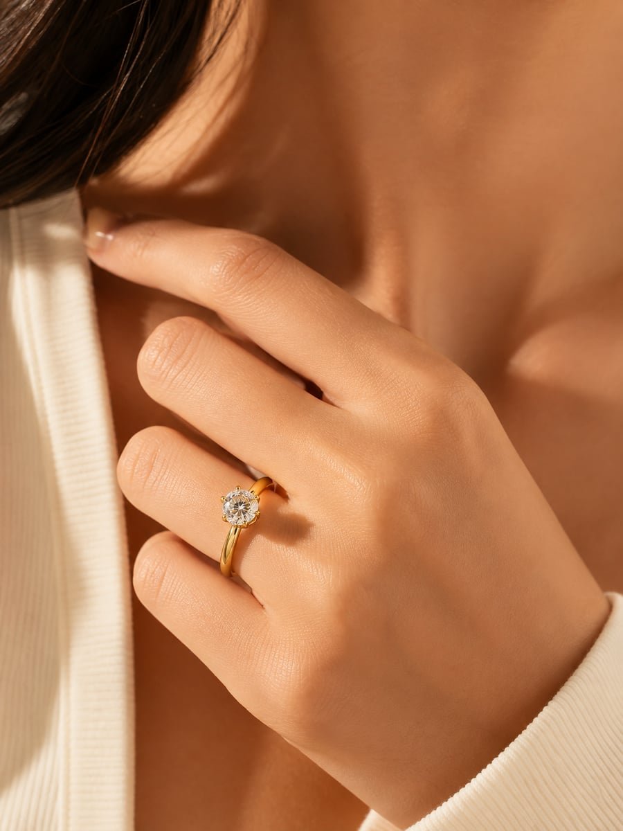 Round CZ Solitaire Adjustable Ring, Anti-Tarnish Gold - view 2