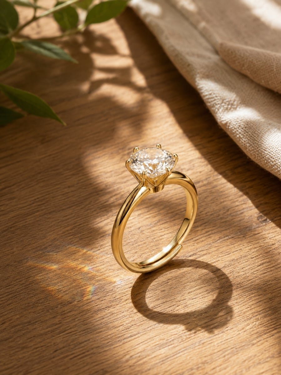 Round CZ Solitaire Adjustable Ring, Anti-Tarnish Gold - view 4