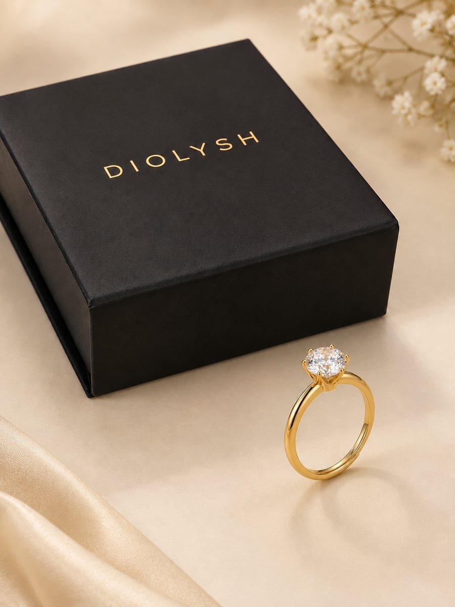 Round CZ Solitaire Adjustable Ring, Anti-Tarnish Gold - view 5
