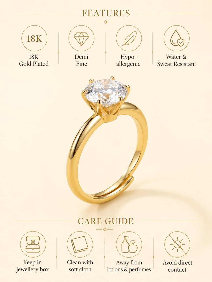 Round CZ Solitaire Adjustable Ring, Anti-Tarnish Gold - view 6