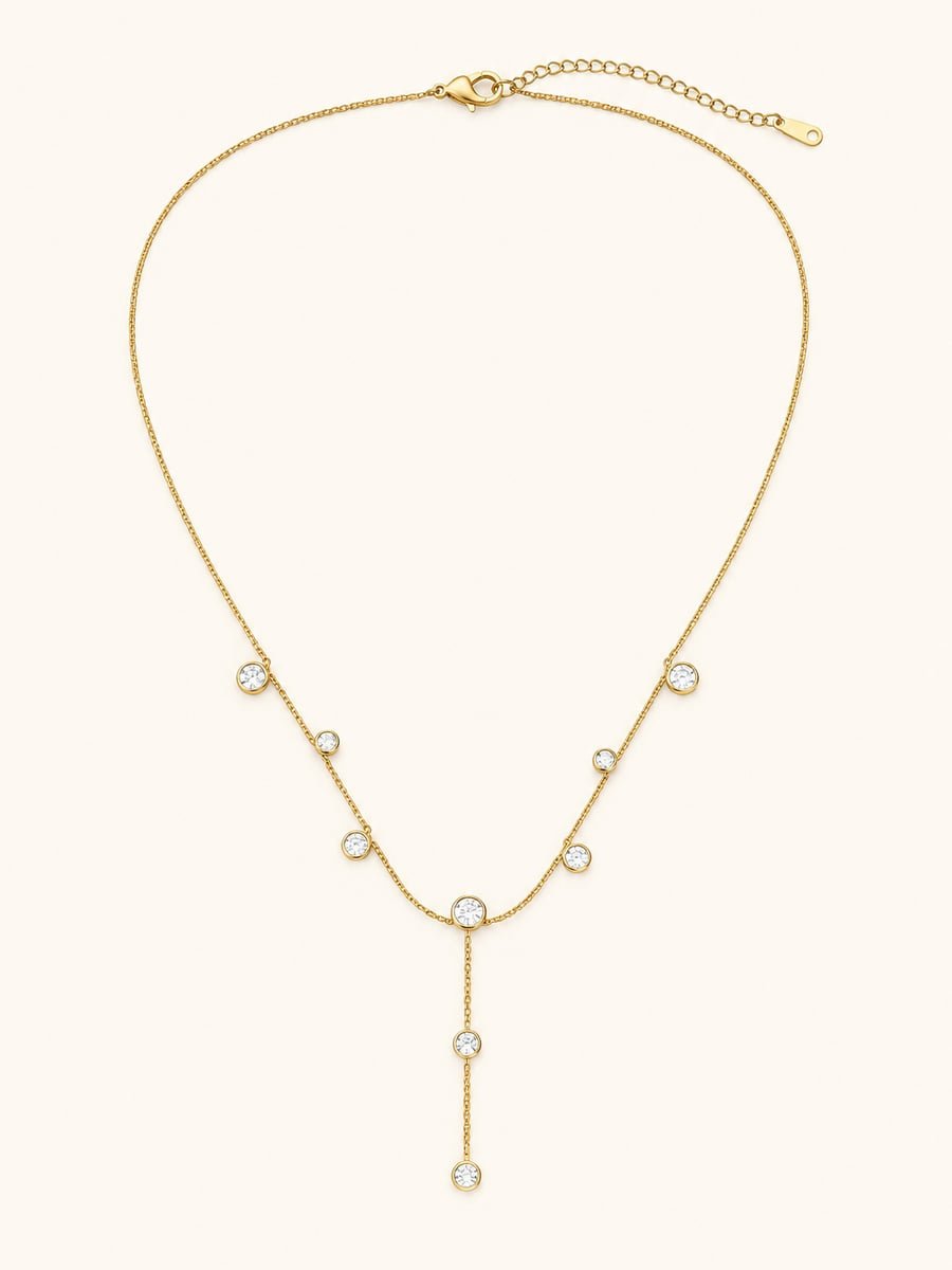 Scattered CZ Station Y-Necklace, Anti-Tarnish Gold