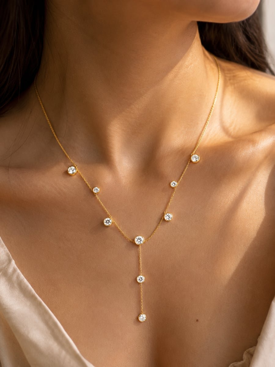 Scattered CZ Station Y-Necklace, Anti-Tarnish Gold - view 2