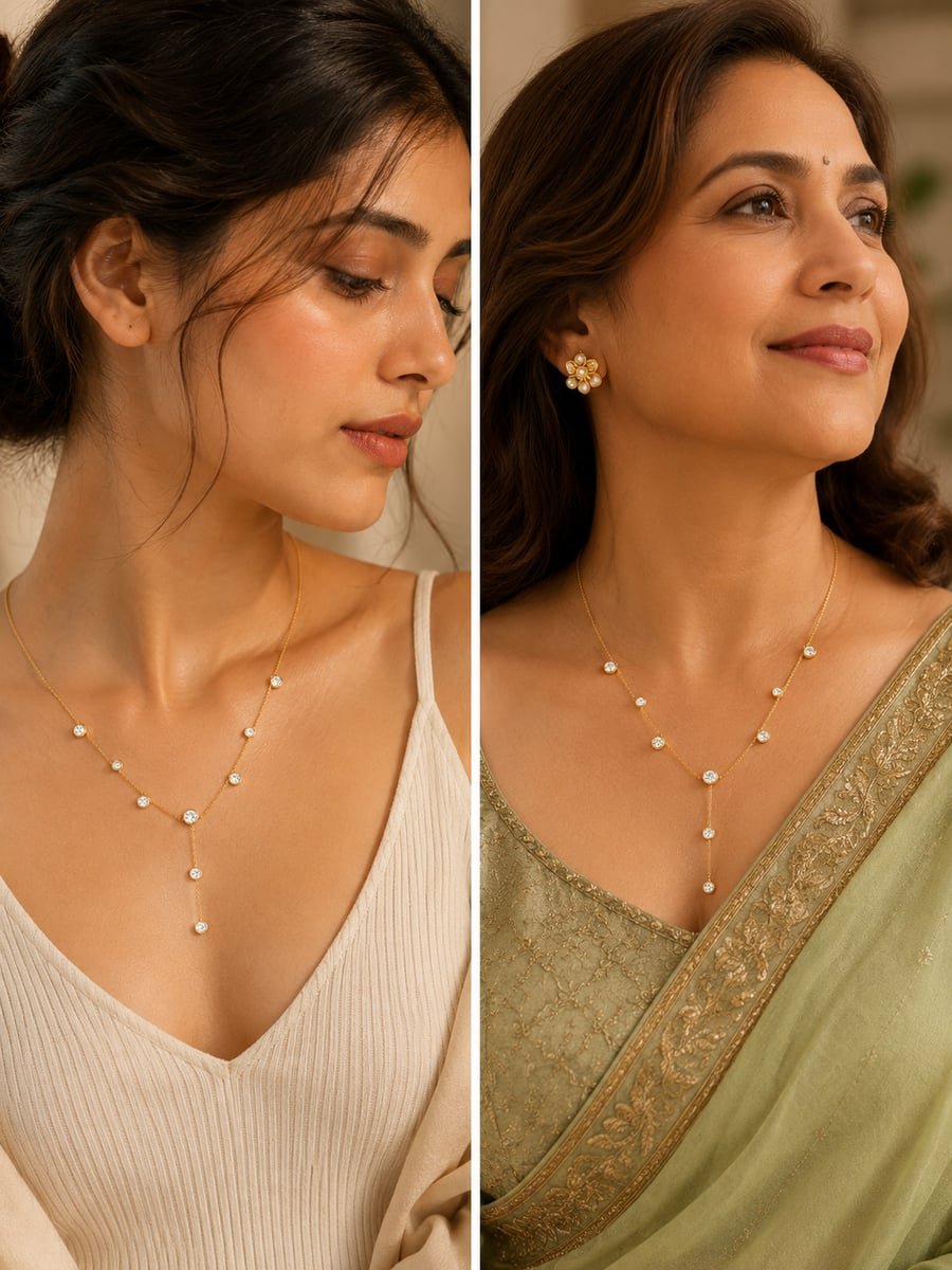 Scattered CZ Station Y-Necklace, Anti-Tarnish Gold - view 3