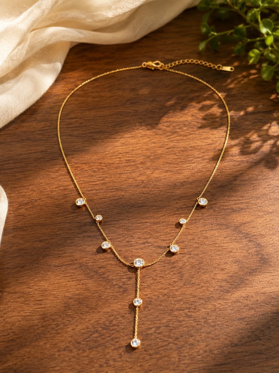 Scattered CZ Station Y-Necklace, Anti-Tarnish Gold - view 4