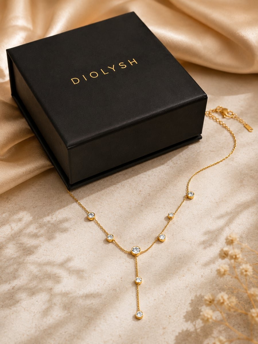 Scattered CZ Station Y-Necklace, Anti-Tarnish Gold - view 5