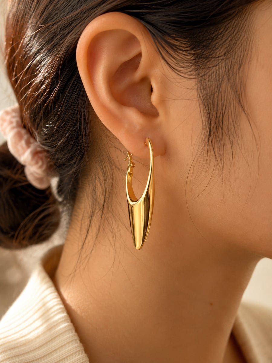 Sculpted Elongated Hoop Earrings – Demi-Fine Gold - view 2