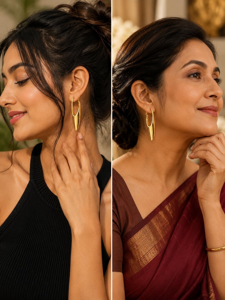 Sculpted Elongated Hoop Earrings – Demi-Fine Gold - view 3