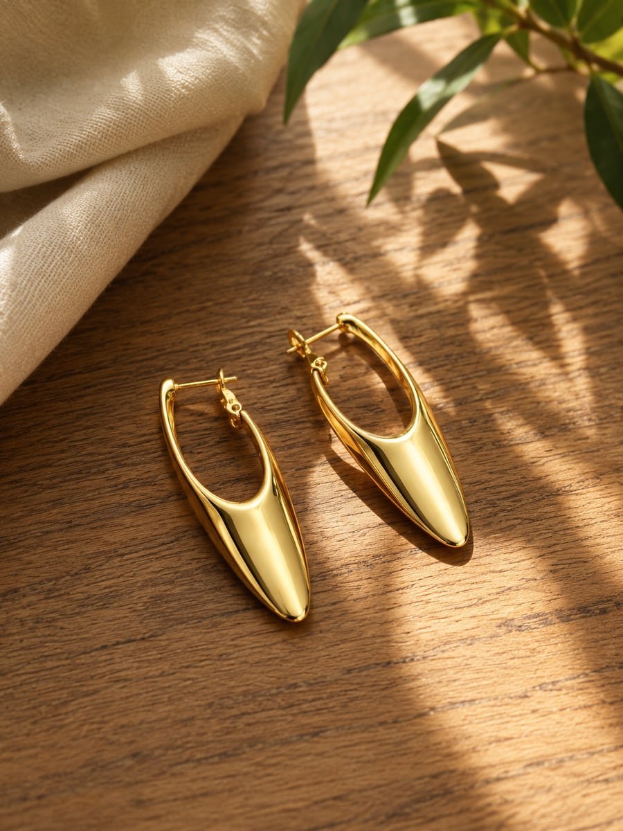 Sculpted Elongated Hoop Earrings – Demi-Fine Gold - view 4