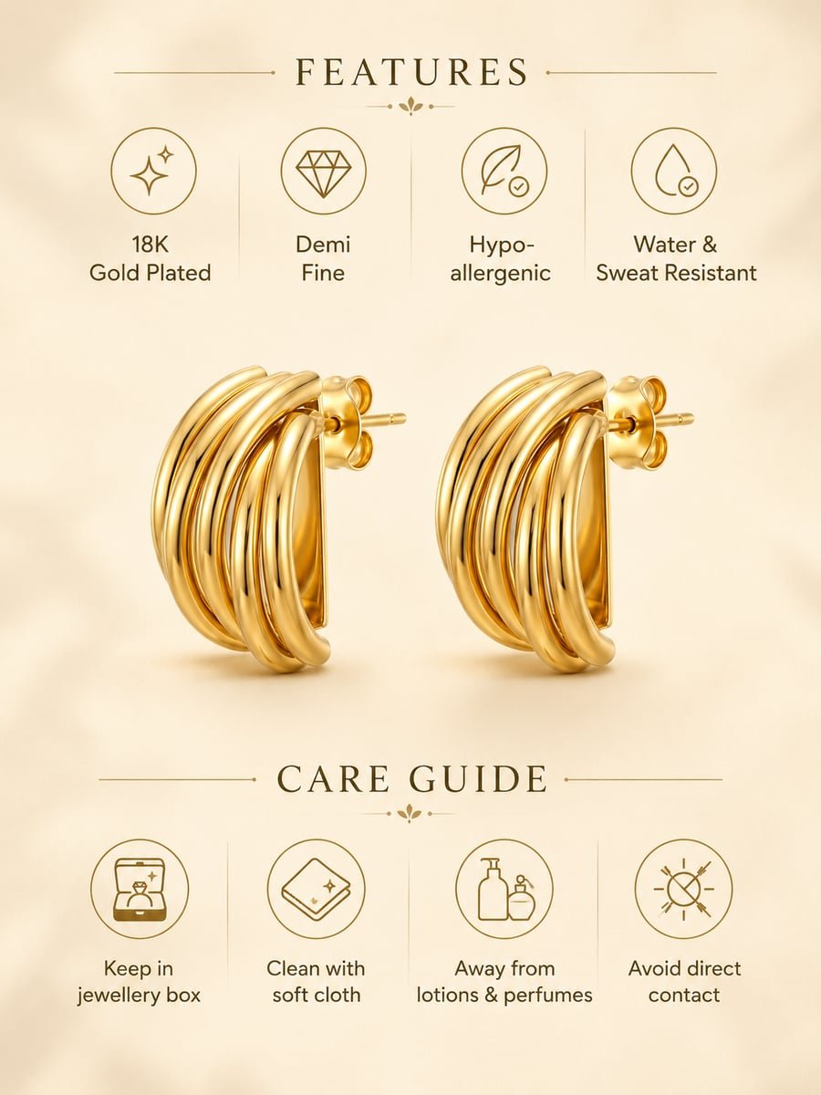 Short Ribbed Hoop Earrings – 18K Gold Plated - view 6