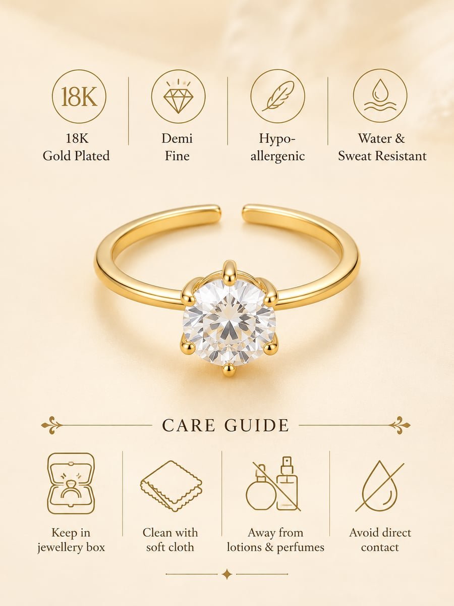 Six-Prong CZ Solitaire Ring – 18K Gold Plated - view 6