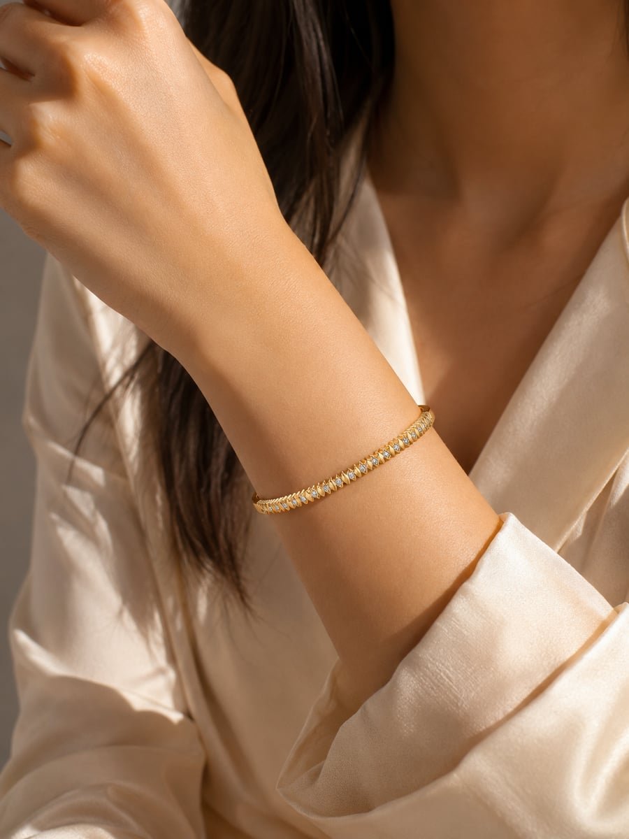 Slim CZ Pyramid Bangle – Demi-Fine 18K Gold - view 2