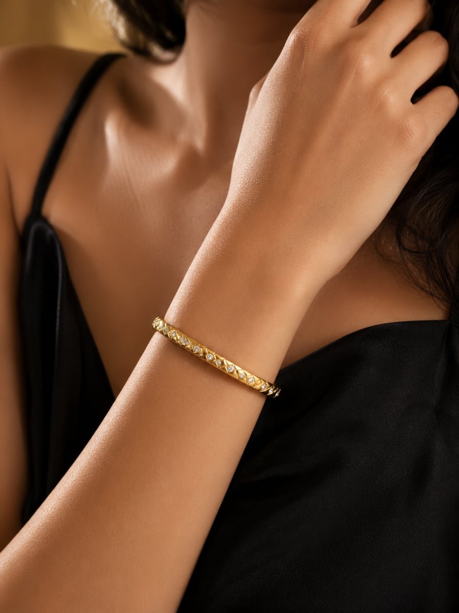Slim CZ Quilted Bangle – 18K Gold Plated - view 2