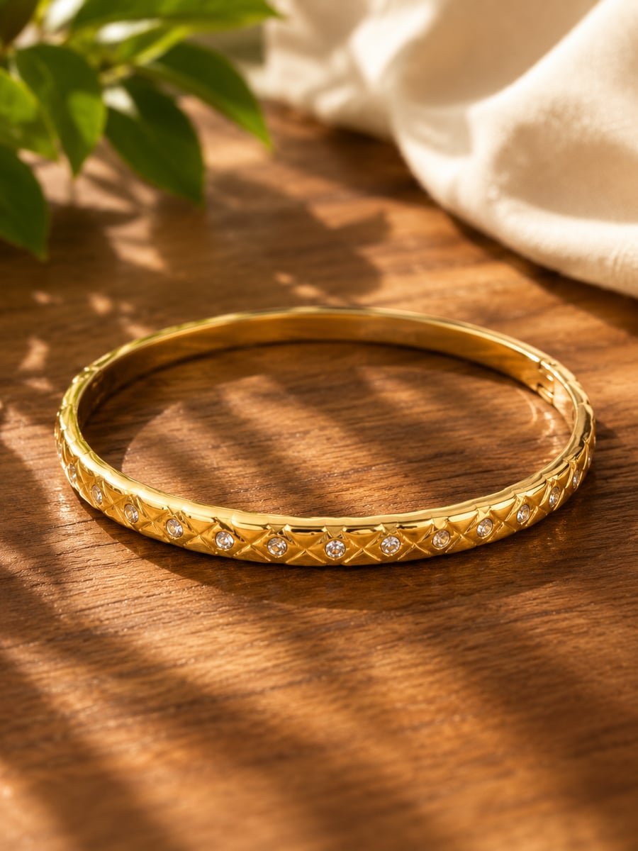 Slim CZ Quilted Bangle – 18K Gold Plated - view 4