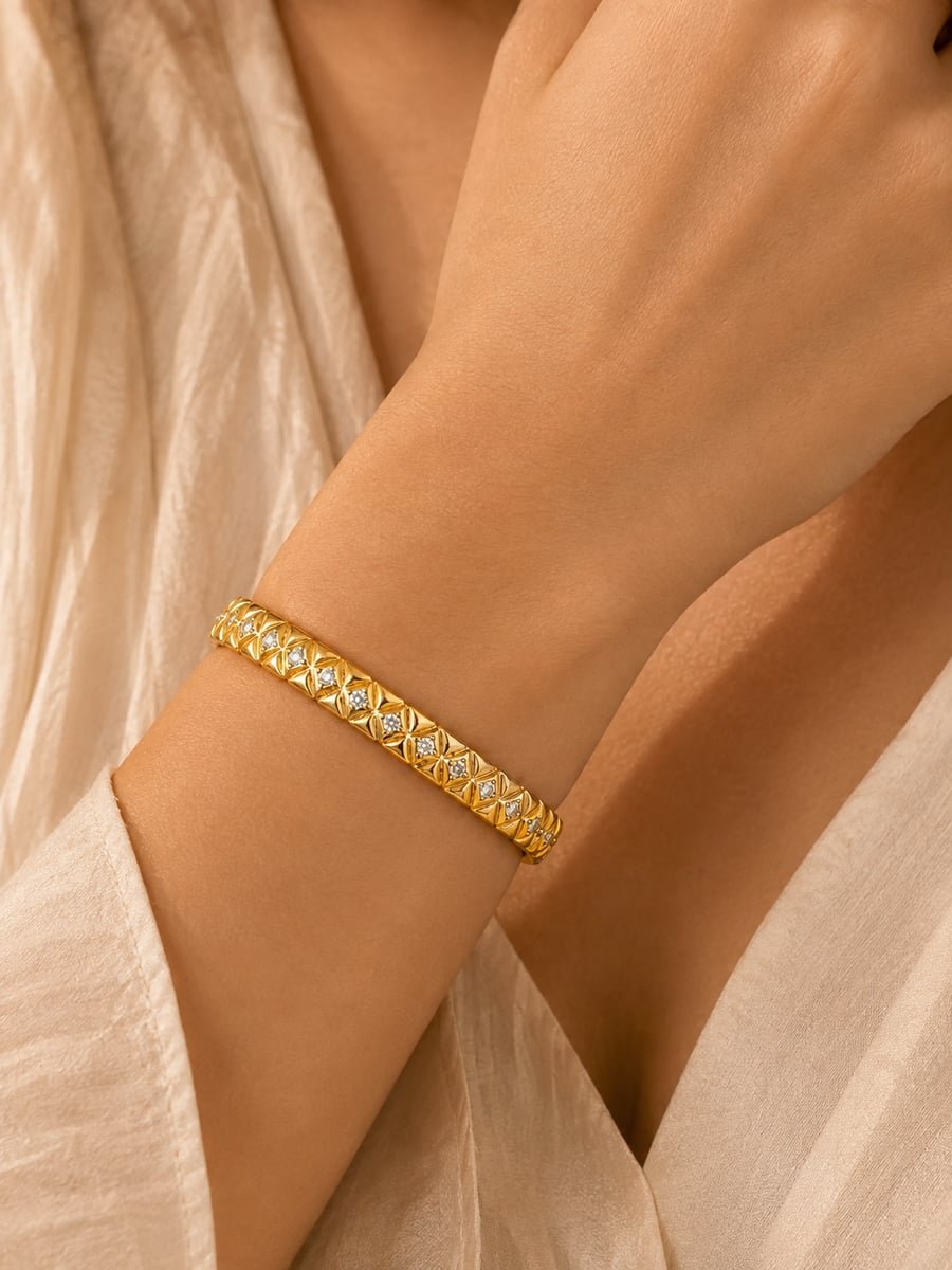 Slim CZ Rhombus Bangle, Anti-Tarnish Gold - view 2