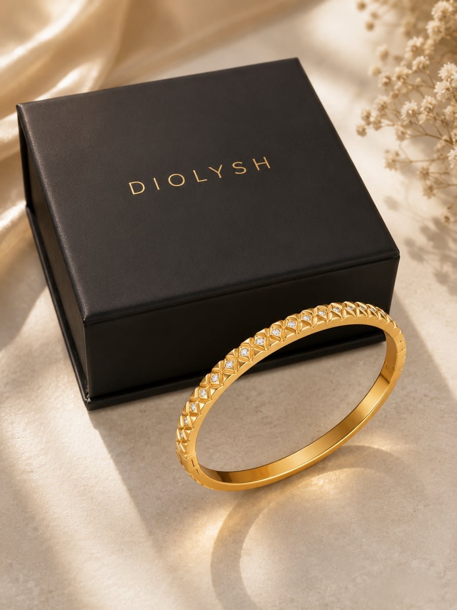Slim CZ Rhombus Bangle, Anti-Tarnish Gold - view 5