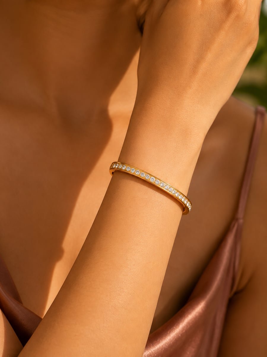 Slim CZ Stone Row Bangle, Anti-Tarnish Gold - view 2