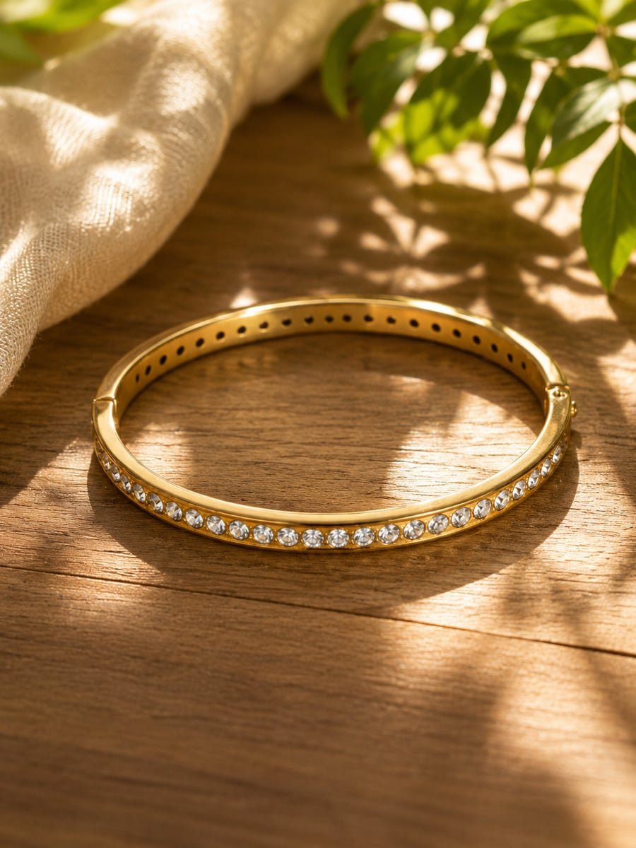 Slim CZ Stone Row Bangle, Anti-Tarnish Gold - view 4