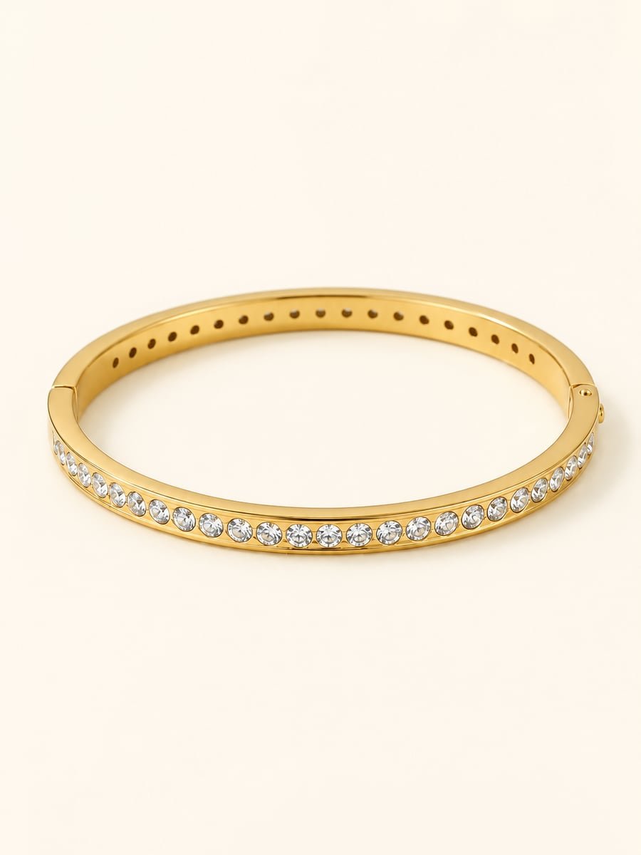 Slim CZ Stone Row Bangle Bracelet, Anti-Tarnish Gold