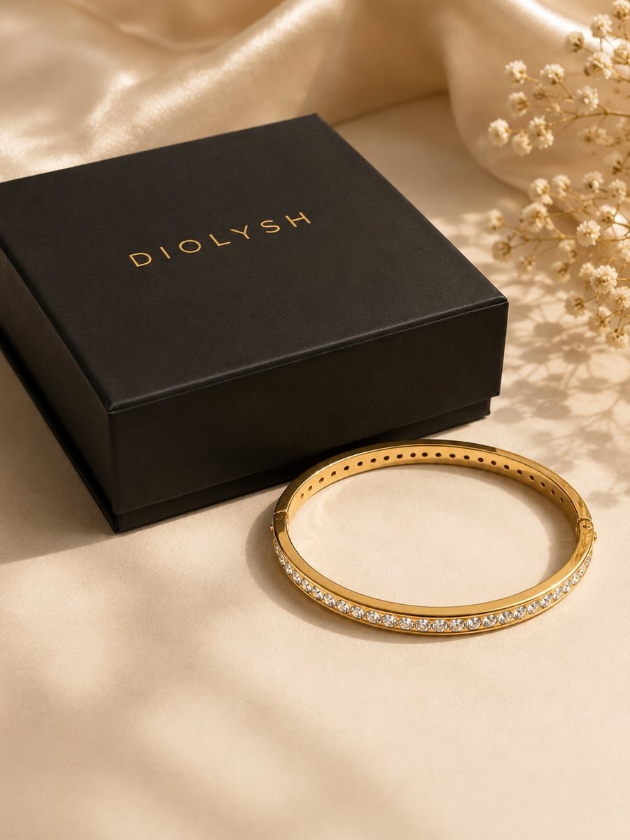 Slim CZ Stone Row Bangle Bracelet, Anti-Tarnish Gold - view 5
