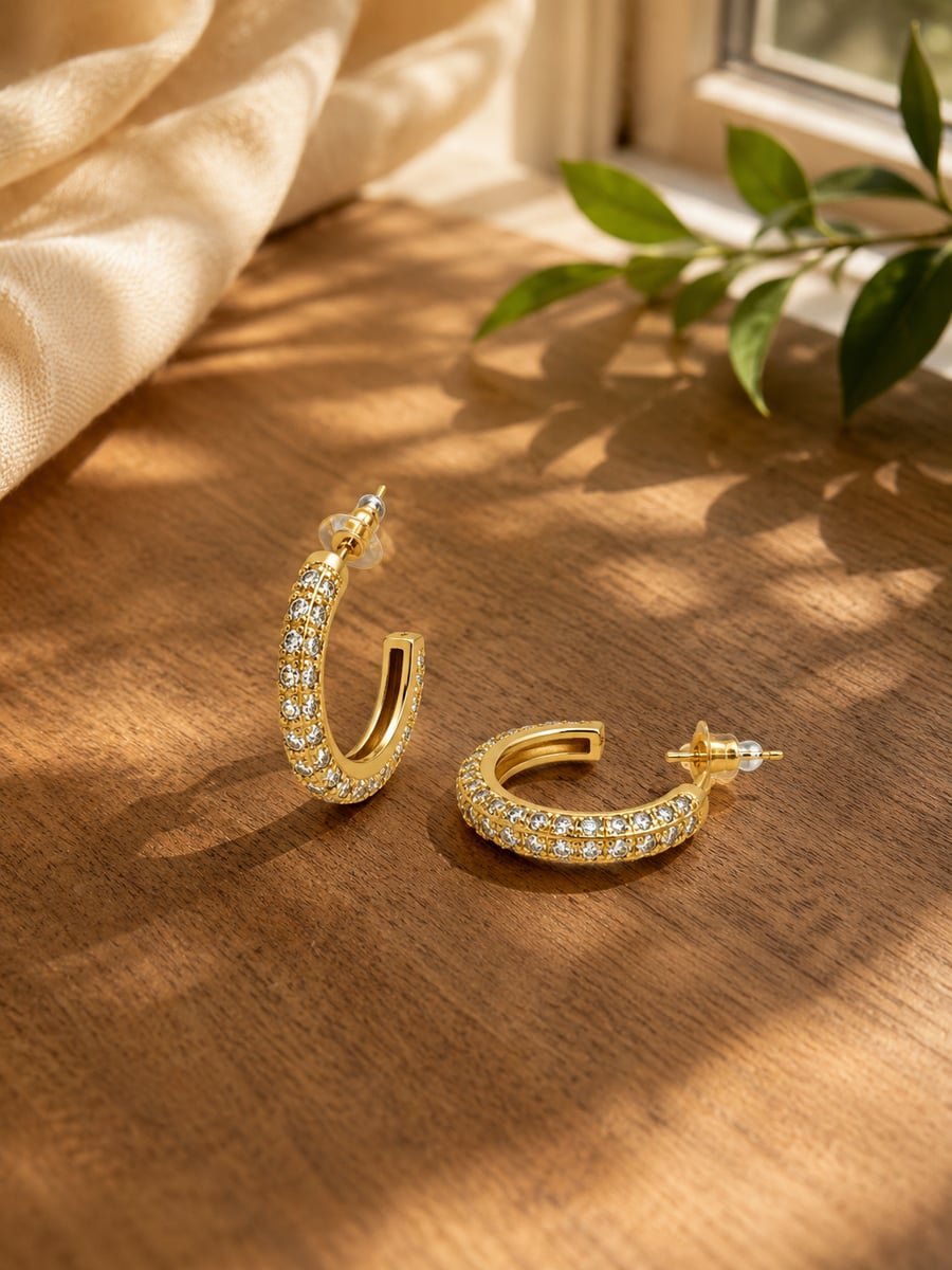 Slim Pave Hoop Earrings with CZ – 18K Gold Plated - view 4