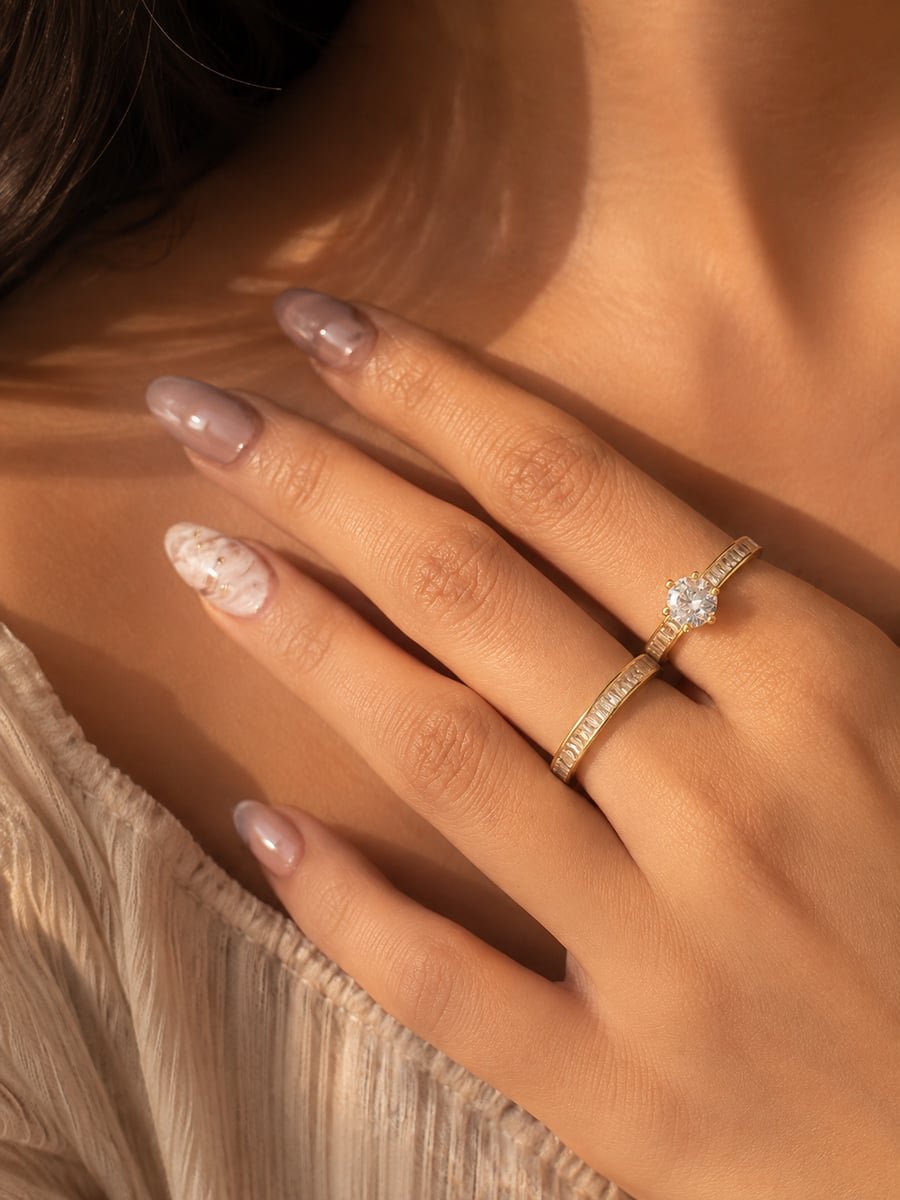 Solitaire and Baguette CZ Stacking Ring Set, Anti-Tarnish Gold - view 2