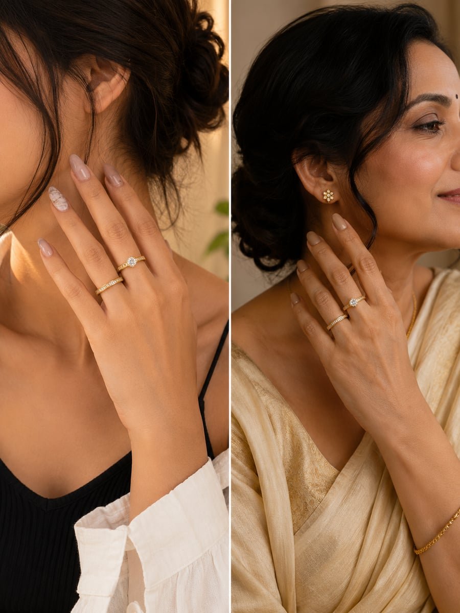 Solitaire and Baguette CZ Stacking Ring Set, Anti-Tarnish Gold - view 3