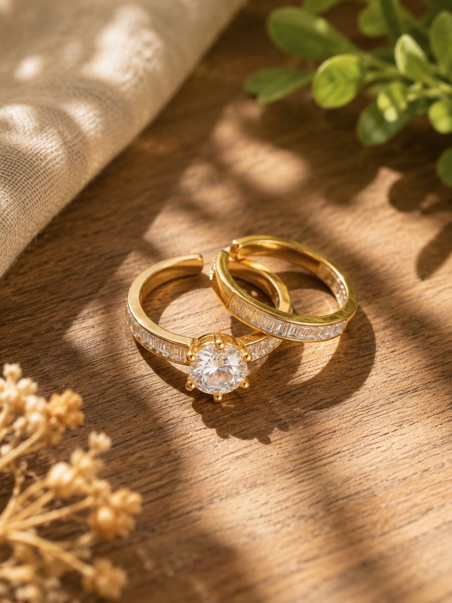 Solitaire and Baguette CZ Stacking Ring Set, Anti-Tarnish Gold - view 4