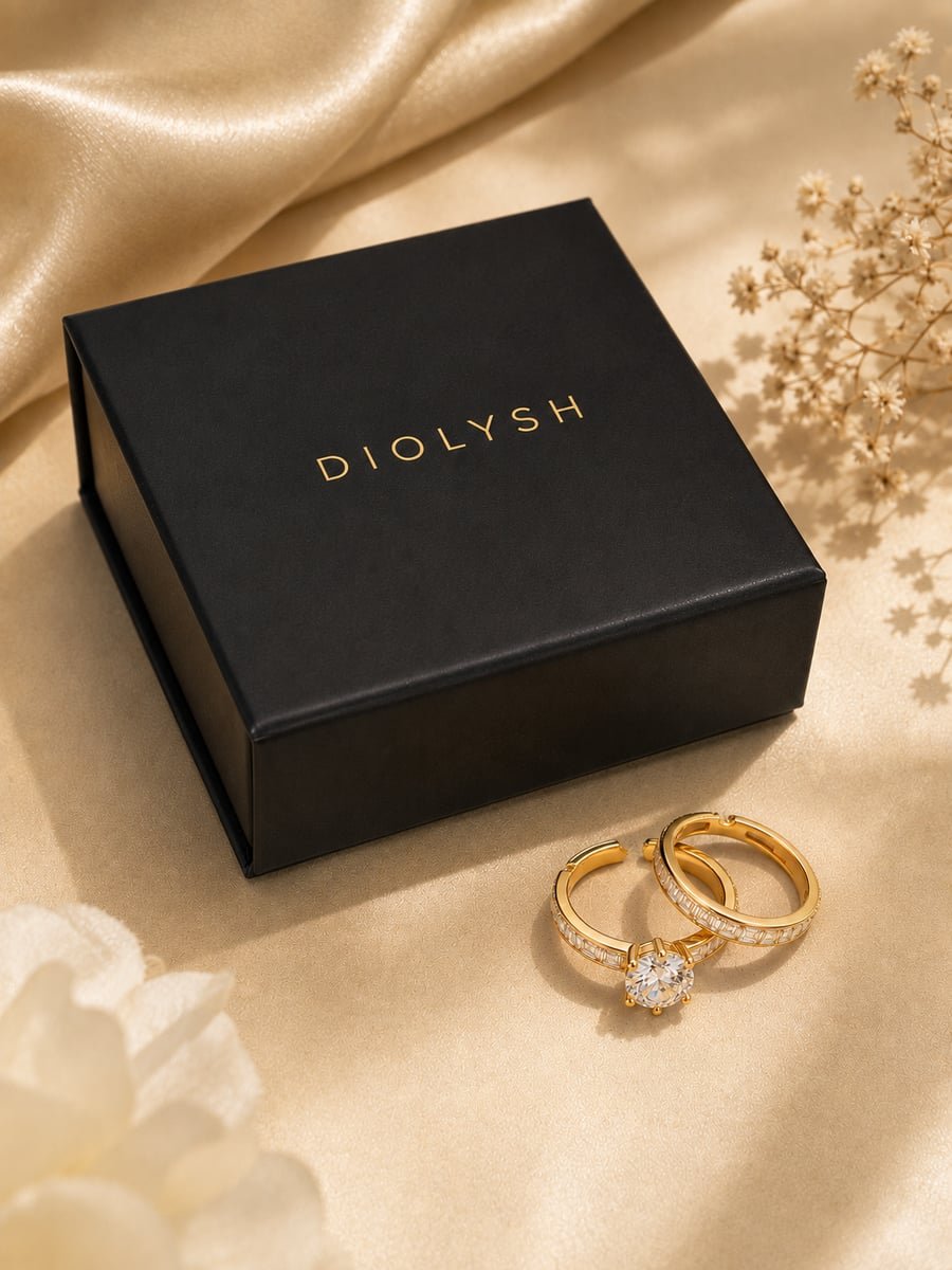 Solitaire and Baguette CZ Stacking Ring Set, Anti-Tarnish Gold - view 5