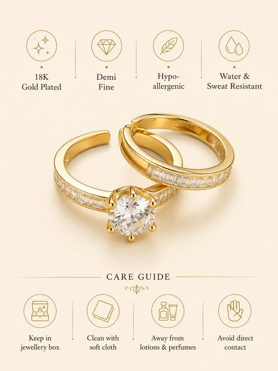 Solitaire and Baguette CZ Stacking Ring Set, Anti-Tarnish Gold - view 6