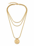Triple Chain Coin Pendant Layered Necklace – 18K Gold Plated