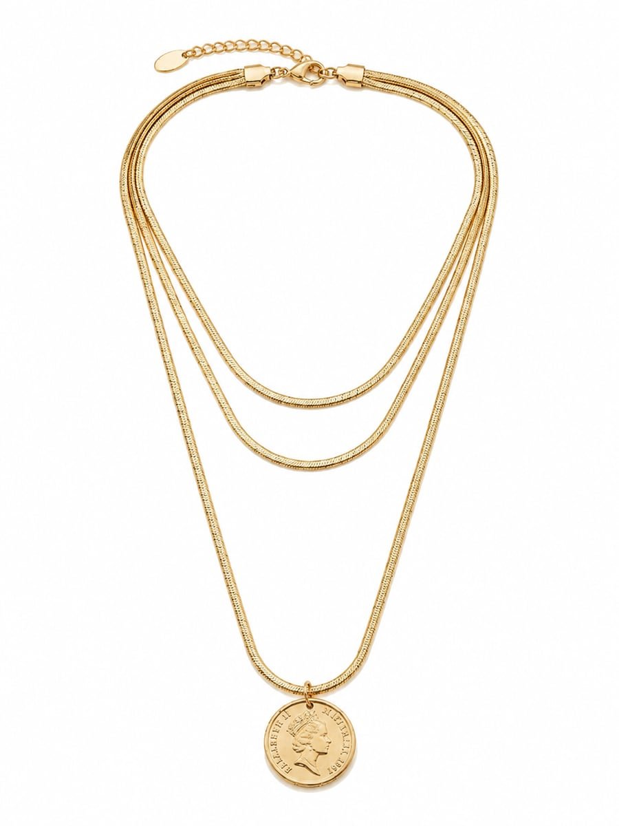 Triple Chain Coin Pendant Layered Necklace – 18K Gold Plated